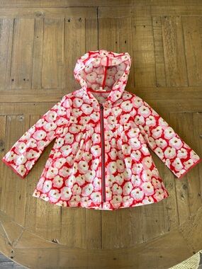Catimini red pink floral hooded zip front rain jacket 18 months